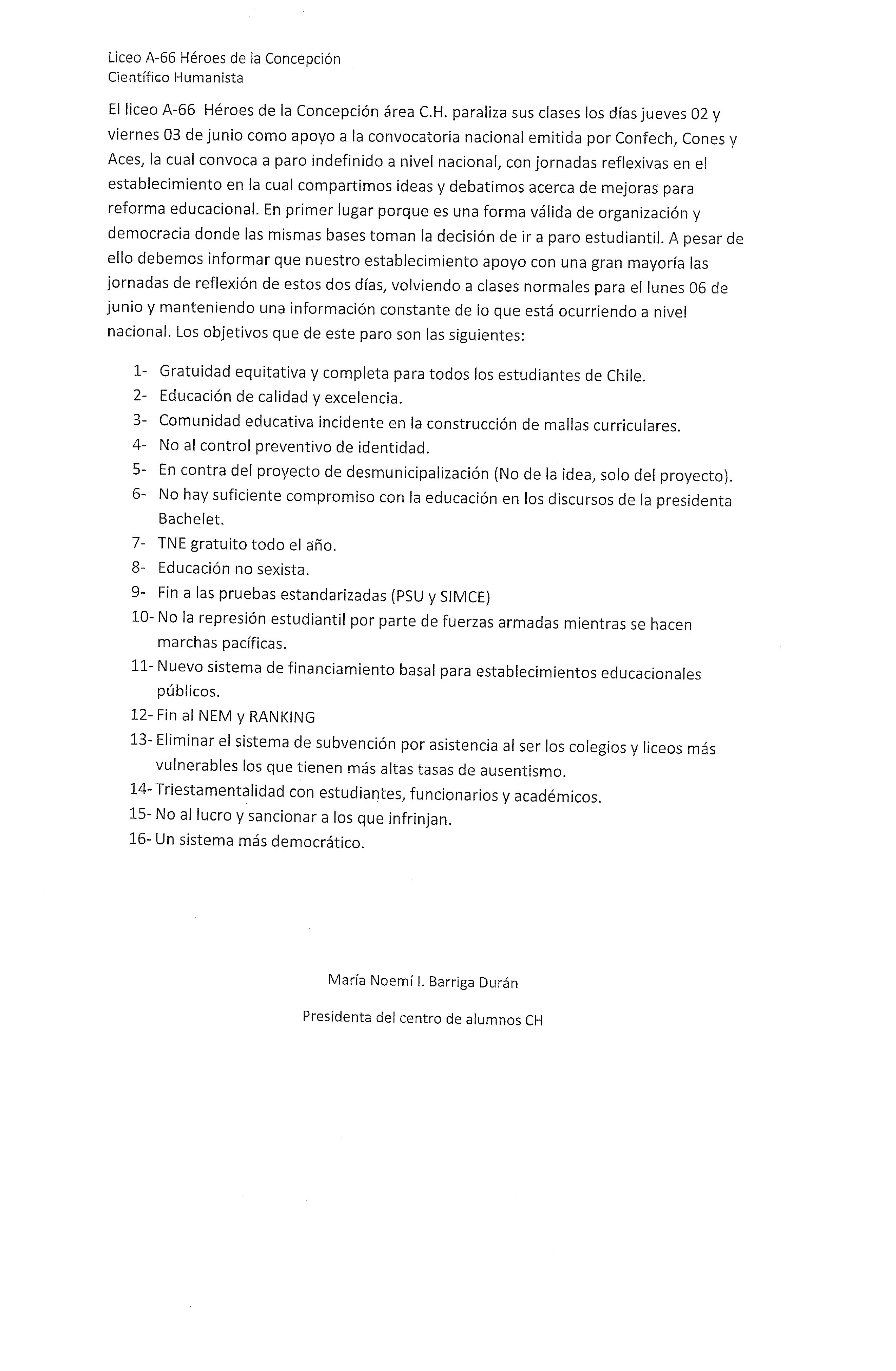 Información en relación al paro de dos días realizado por alumnos del Liceo A-66 área CH en Laja