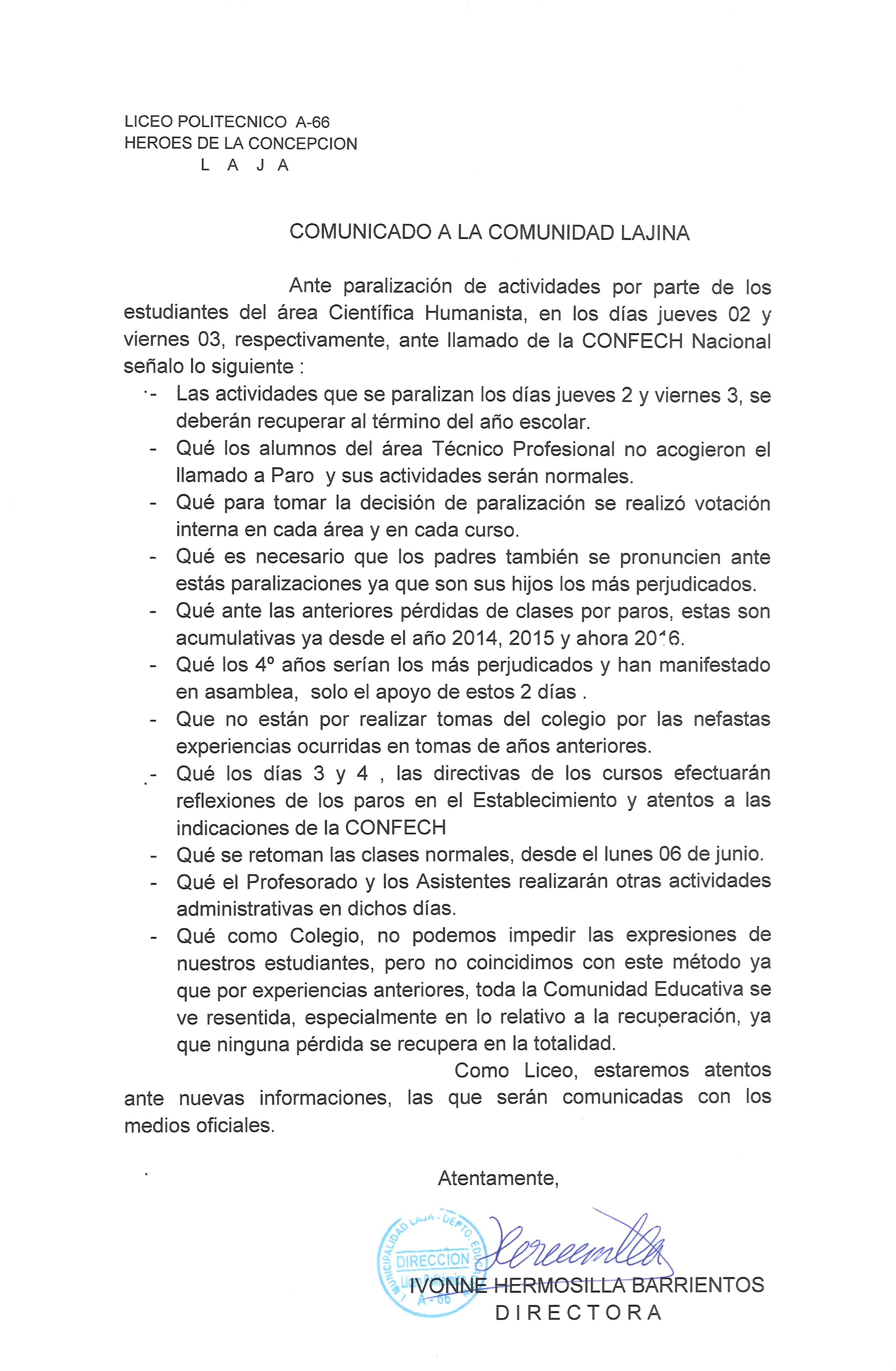 Información en relación al paro de dos días realizado por alumnos del Liceo A-66 área CH en Laja