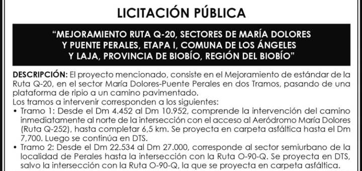 Publican licitación para mejoramiento Ruta Q-20, sectores María Dolores y Puente Perales